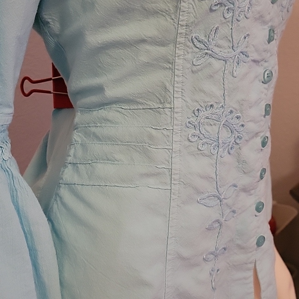 G DESIGNS Icy Blue Floral Embroidered Ruffle Bell Sleeve Button Down Shirt - Picture 7 of 10